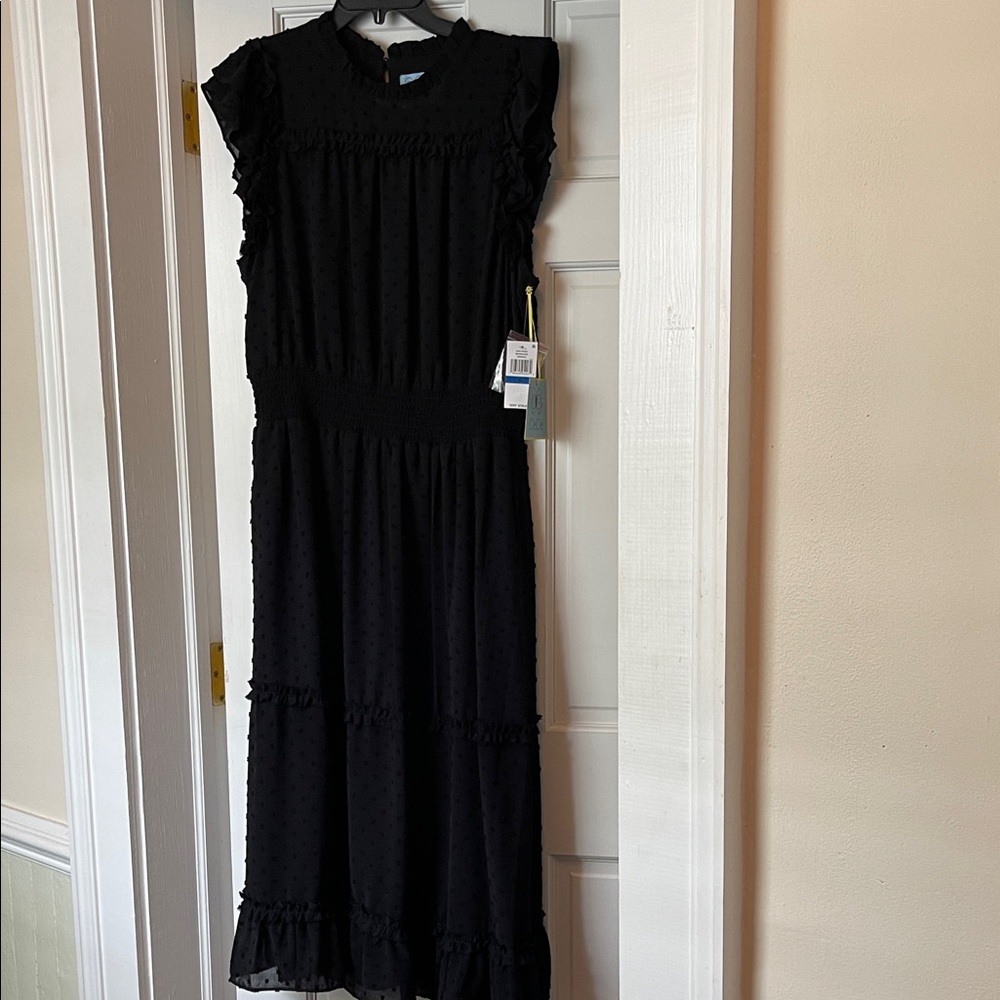 CeCe Elegant Black Ruffled Smocked Waist Midi Dress with Textured Dot Accents